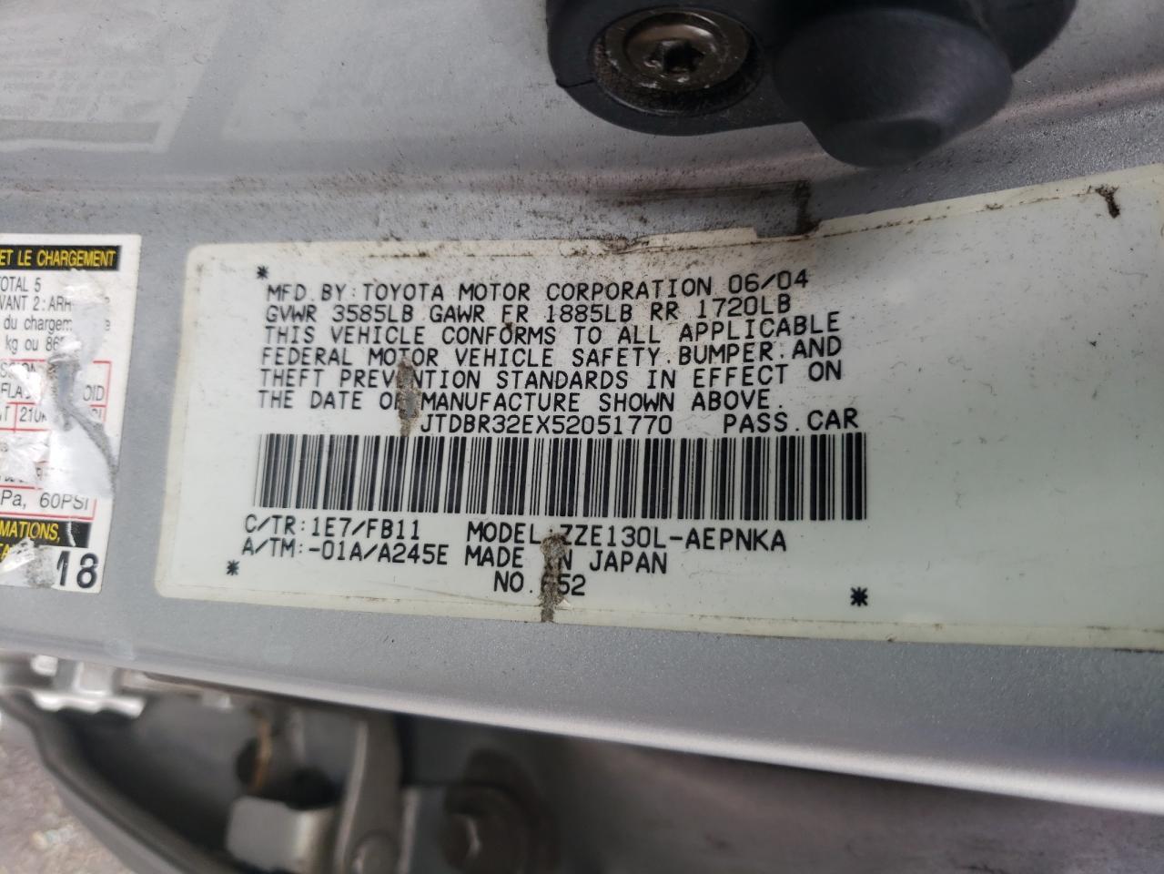 Photo 10 from auction – 2005 TOYOTA COROLLA CE with VIN JTDBR32EX52051770
