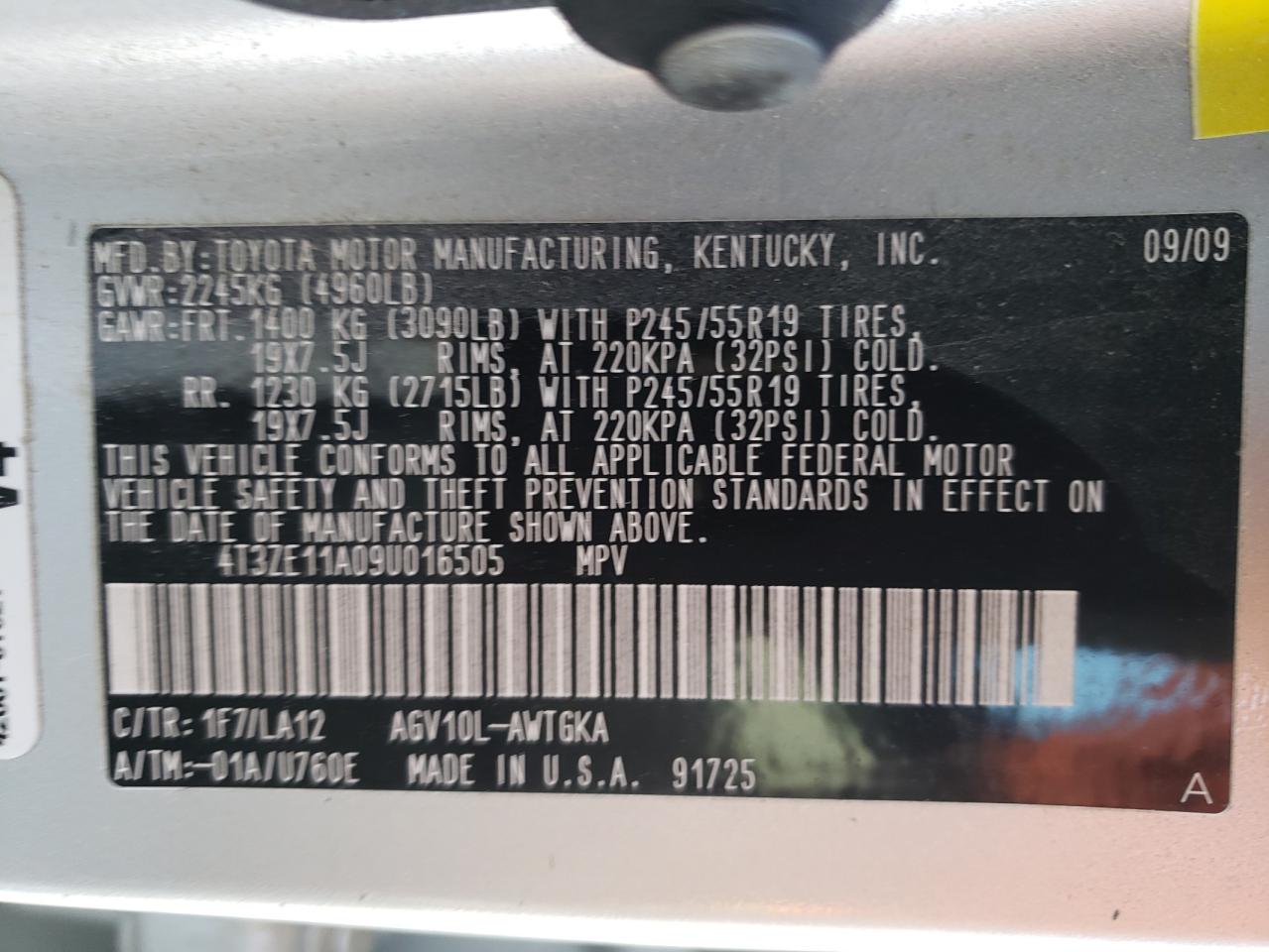 Photo 10 from auction – 2009 TOYOTA VENZA with VIN 4T3ZE11A09U016505