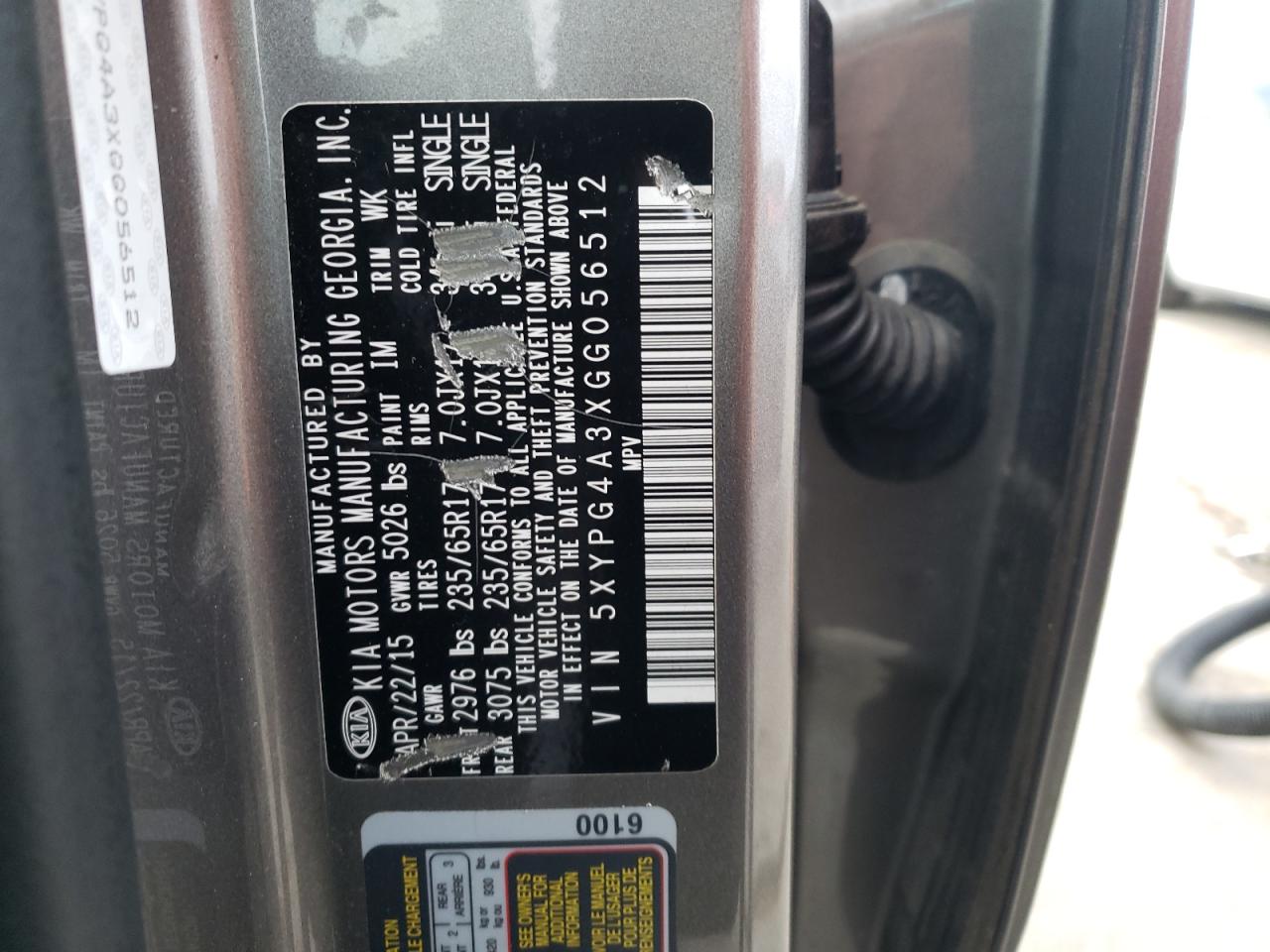 Photo 10 from auction – 2016 KIA SORENTO LX with VIN 5XYPG4A3XGG056512