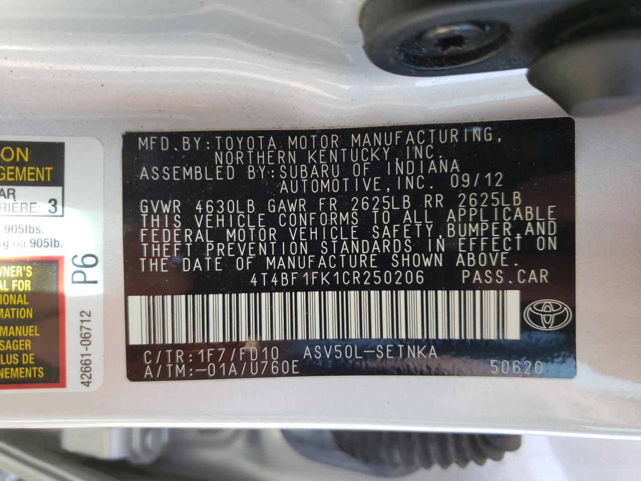 Photo 10 from auction – 2012 TOYOTA CAMRY BASE with VIN 4T4BF1FK1CR250206