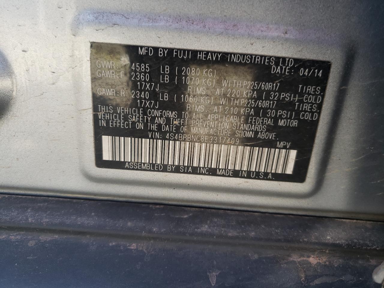 Снимка 10 от търг – 2014 SUBARU OUTBACK 2. с VIN 4S4BRBNC8E3317409