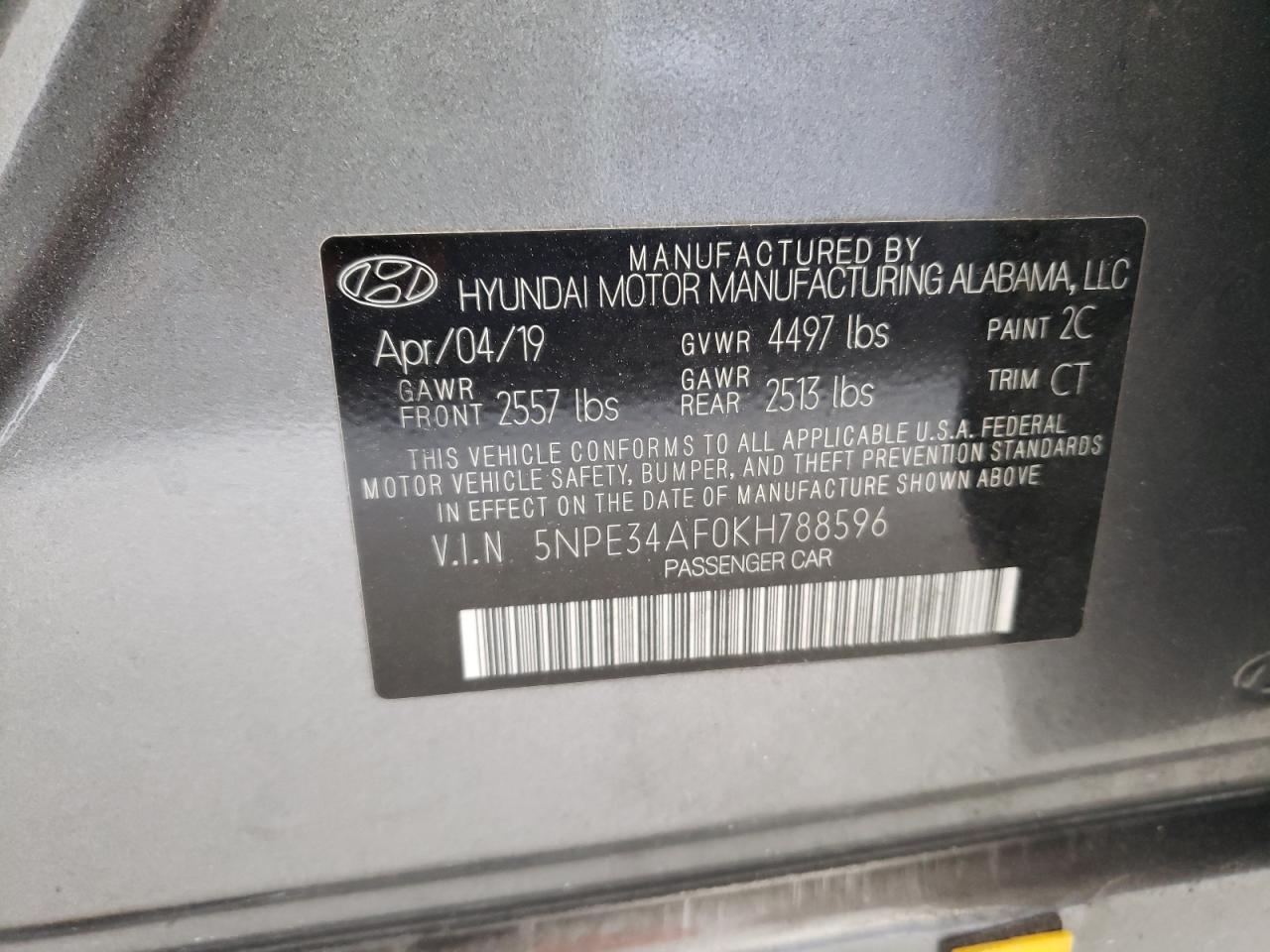 Photo 10 from auction – 2019 HYUNDAI SONATA LIM with VIN 5NPE34AF0KH788596