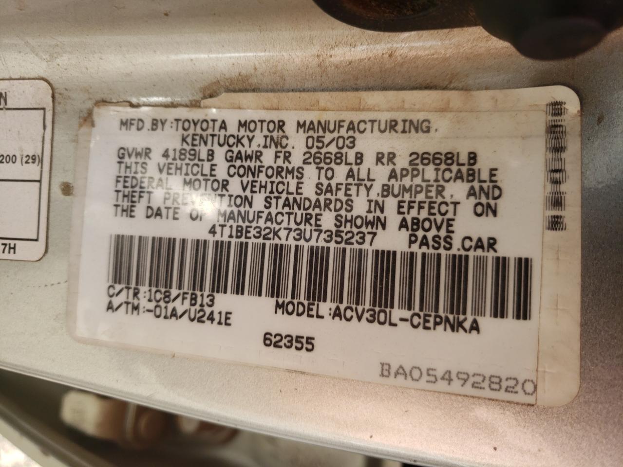Photo 10 from auction – 2003 TOYOTA CAMRY LE with VIN 4T1BE32K73U735237
