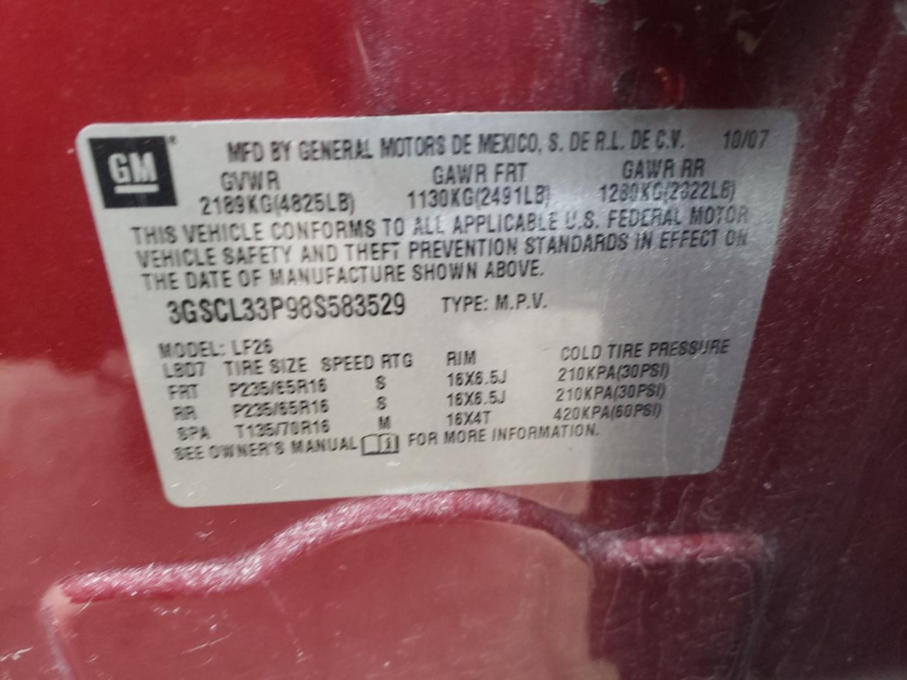 Photo 10 from auction – 2008 SATURN VUE XE with VIN 3GSCL33P98S583529