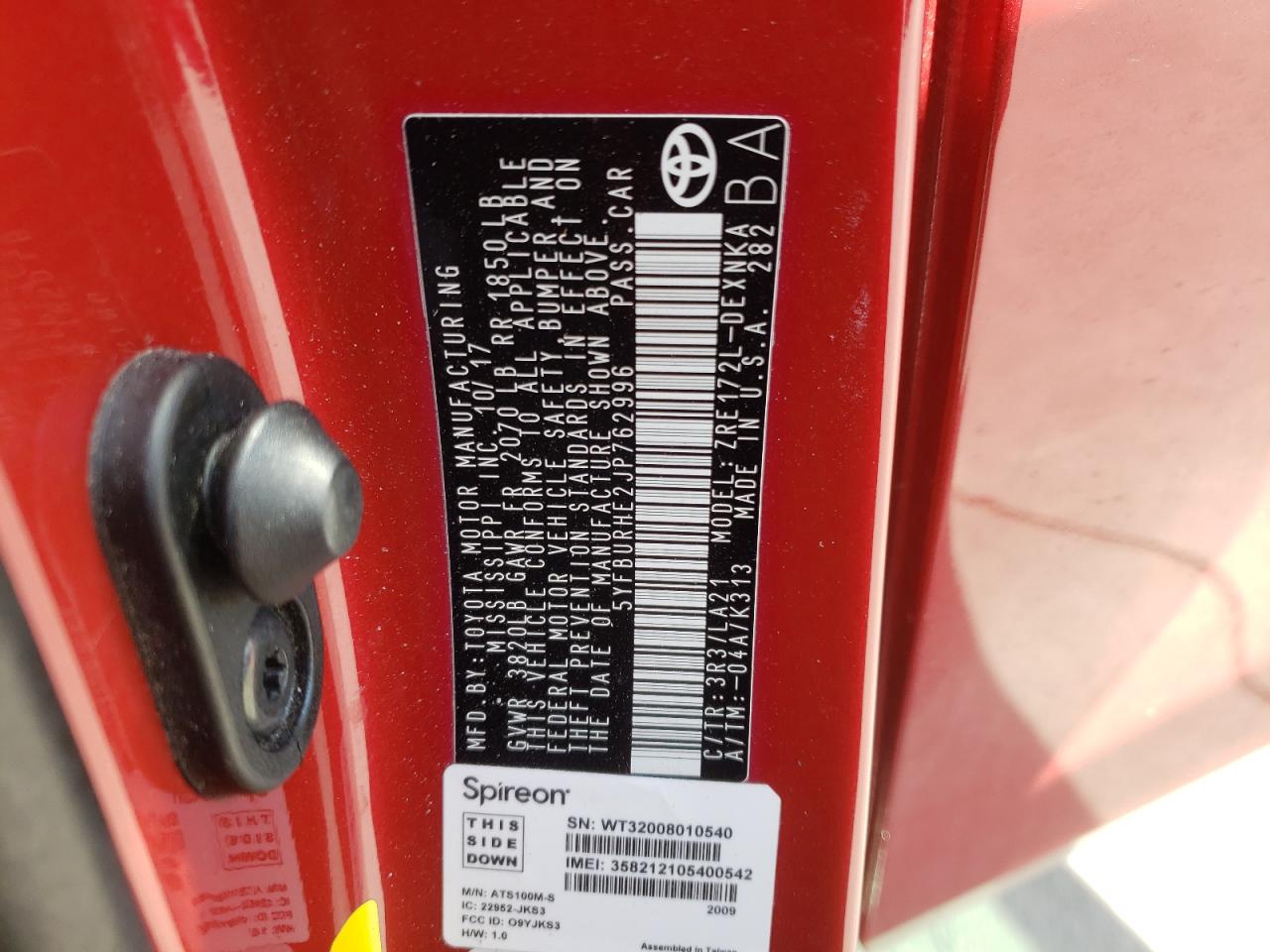 Photo 10 from auction – 2018 TOYOTA COROLLA L with VIN 5YFBURHE2JP762996