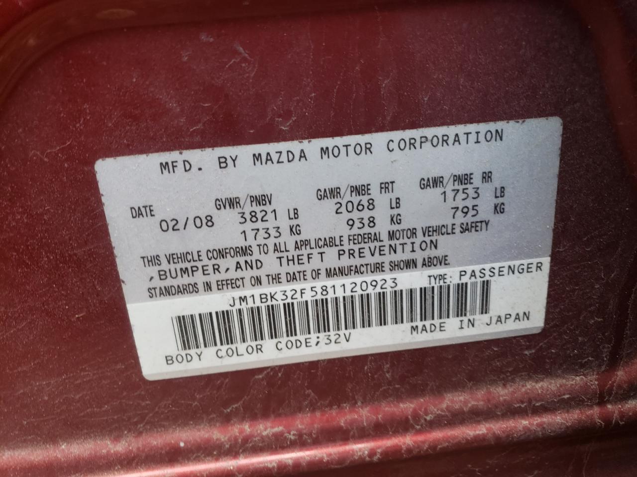 Photo 10 from auction – 2008 MAZDA 3 I with VIN JM1BK32F581120923