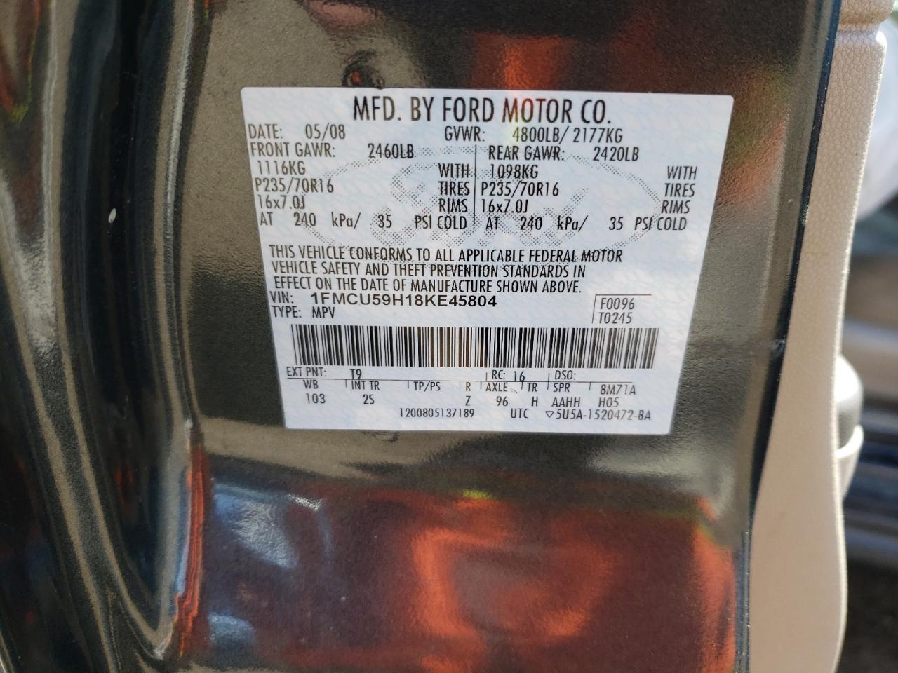 Photo 10 from auction – 2008 FORD ESCAPE HEV with VIN 1FMCU59H18KE45804