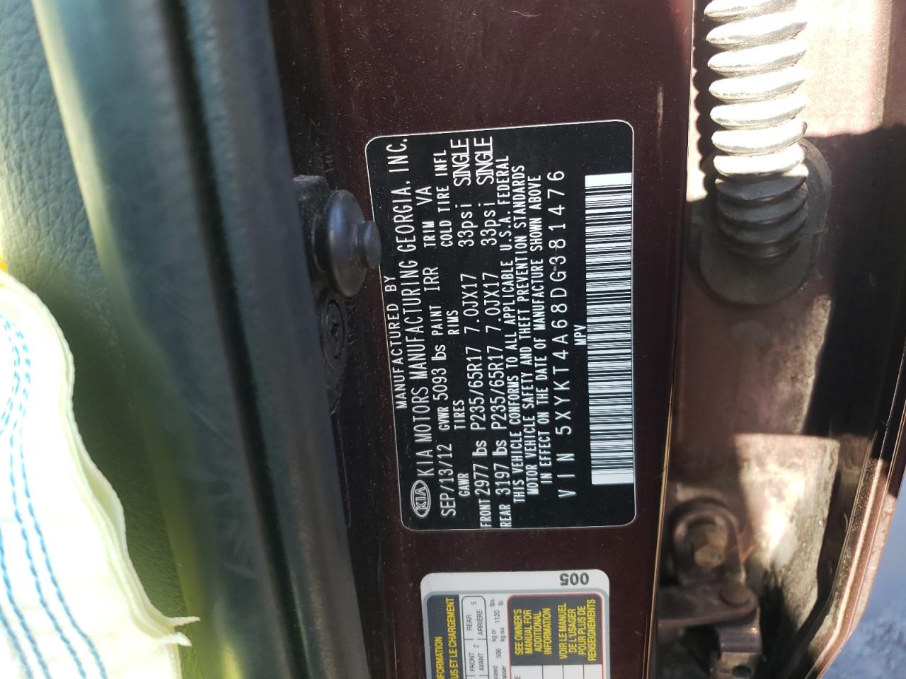 Photo 10 from auction – 2013 KIA SORENTO LX with VIN 5XYKT4A68DG381476