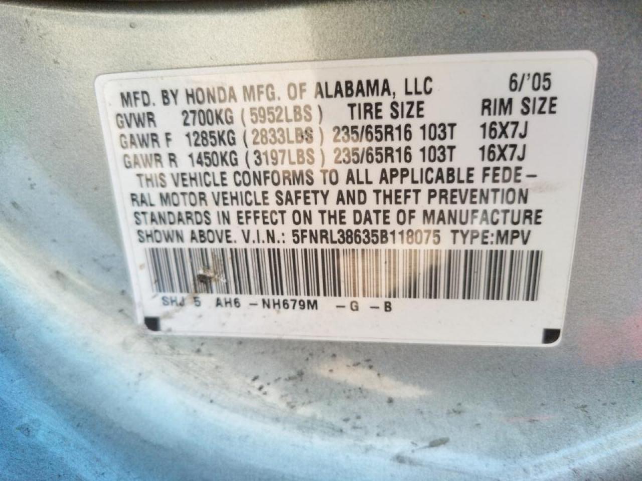 Photo 10 from auction – 2005 HONDA ODYSSEY EX with VIN 5FNRL38635B118075