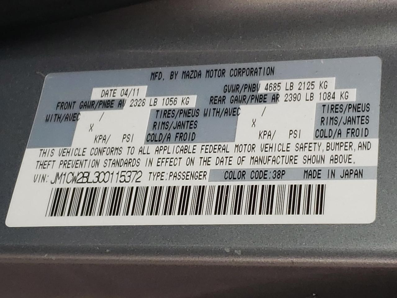 Photo 10 from auction – 2012 MAZDA 5 with VIN JM1CW2BL3C0115372