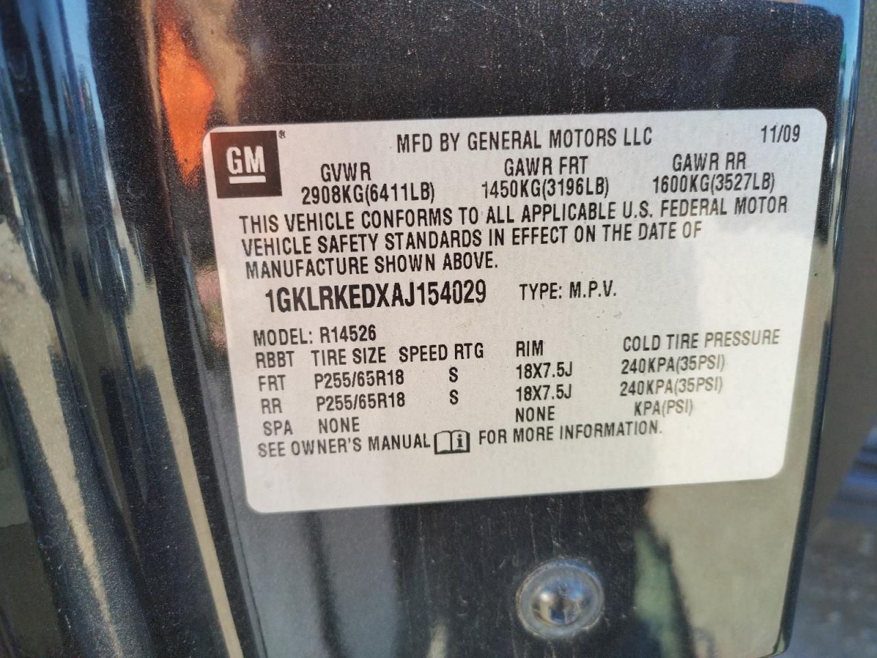 Photo 10 from auction – 2010 GMC ACADIA SL with VIN 1GKLRKEDXAJ154029