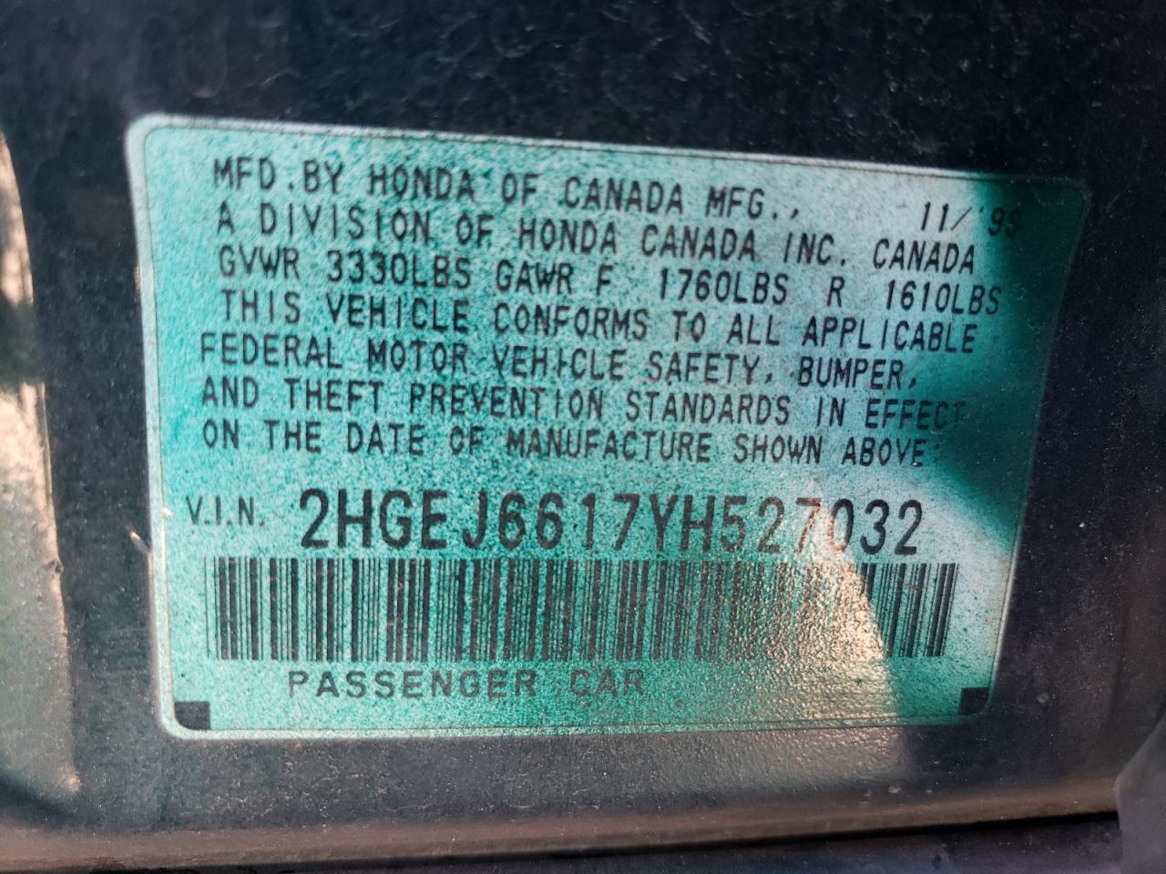 Photo 10 from auction – 2000 HONDA CIVIC BASE with VIN 2HGEJ6617YH527032