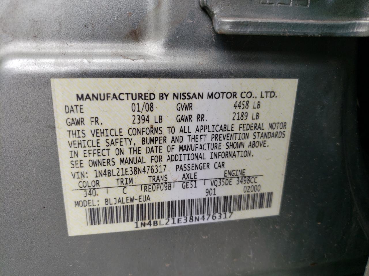 Photo 10 from auction – 2008 NISSAN ALTIMA 3.5 with VIN 1N4BL21E38N476317