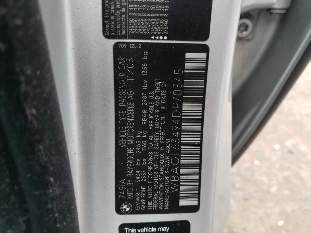 Photo 10 from auction – 2004 BMW 745 I with VIN WBAGL63494DP70345