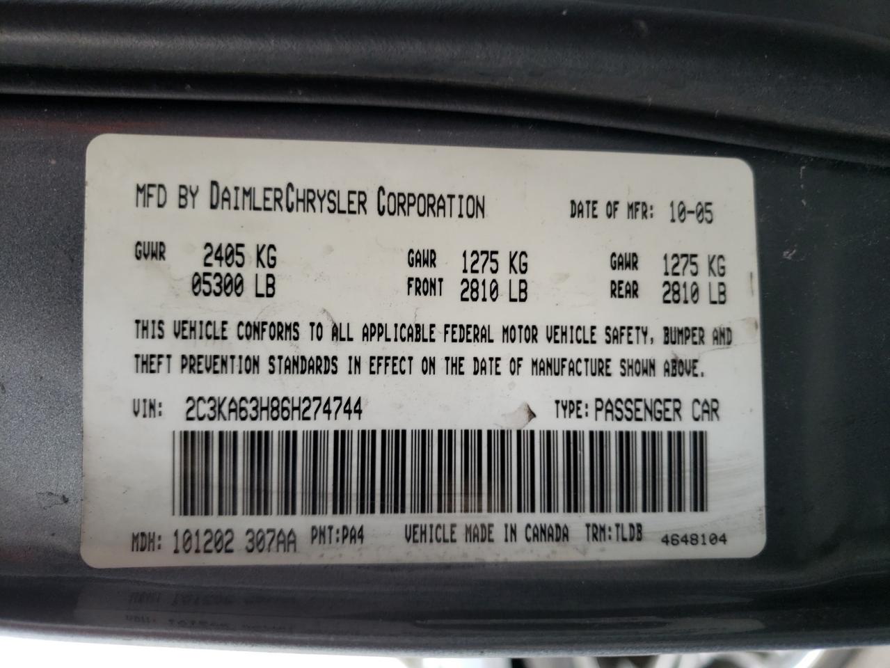 Photo 10 from auction – 2006 CHRYSLER 300C with VIN 2C3KA63H86H274744