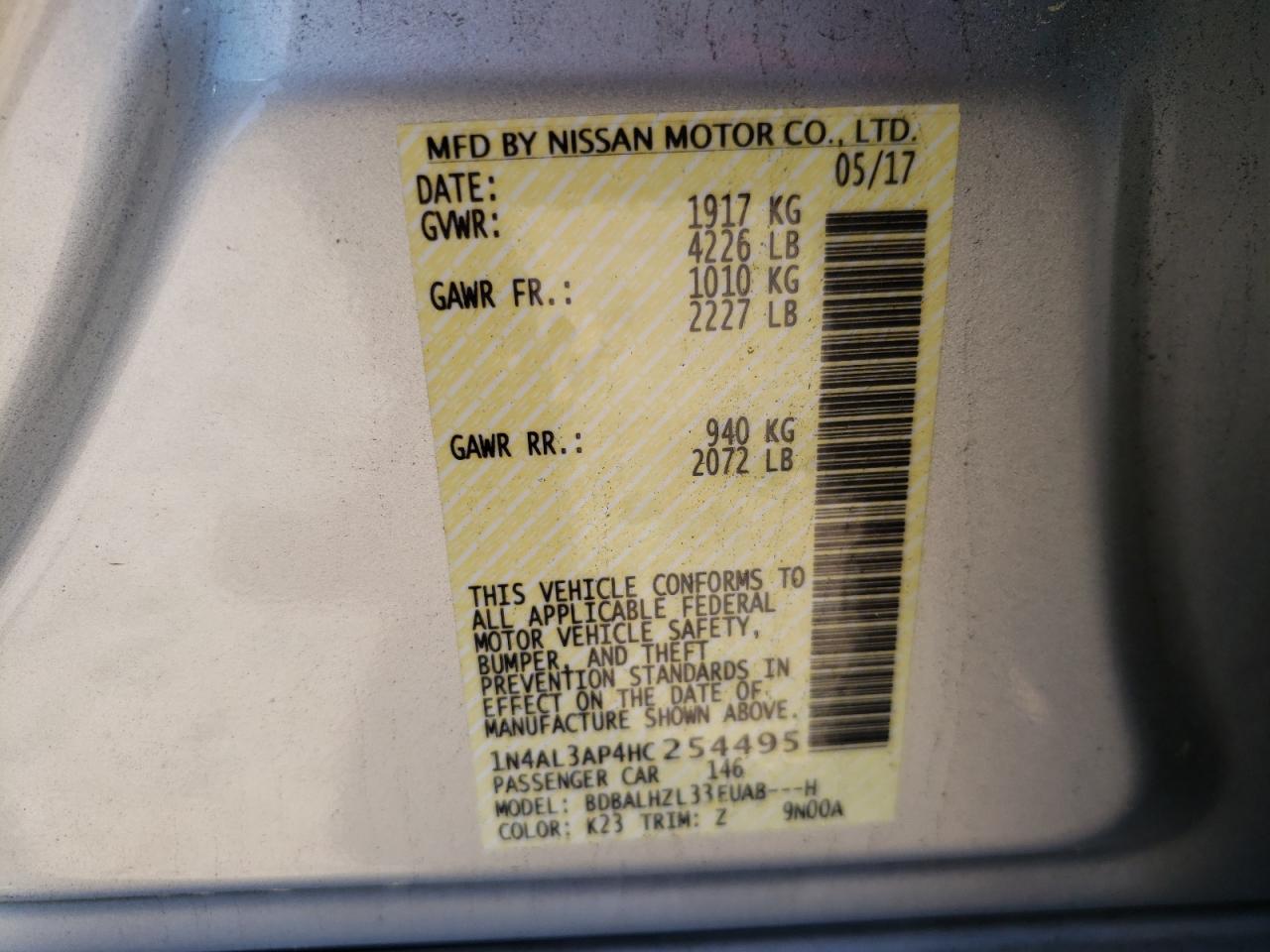 Photo 10 from auction – 2017 NISSAN ALTIMA 2.5 with VIN 1N4AL3AP4HC254495