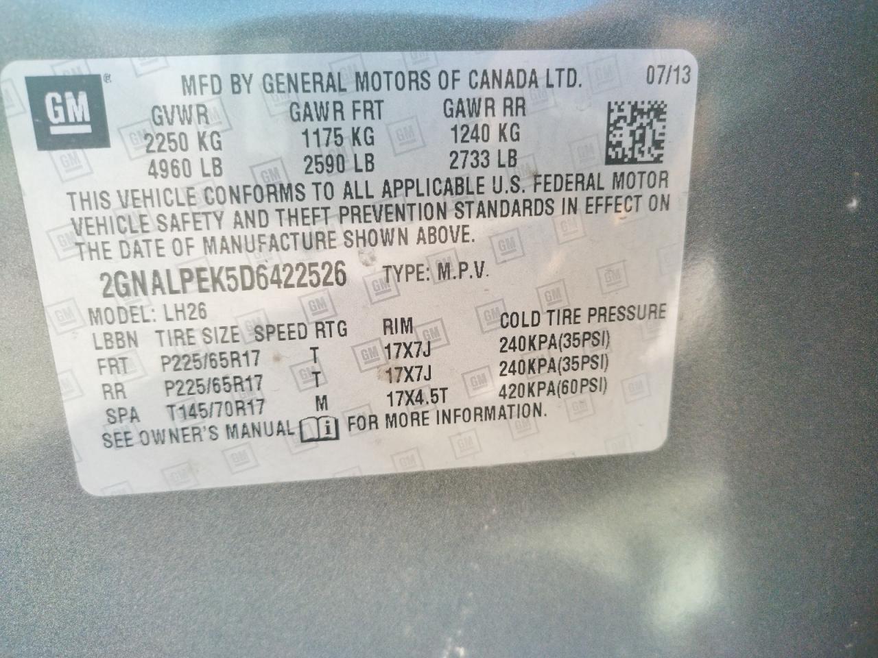 Photo 10 from auction – 2013 CHEVROLET EQUINOX LT with VIN 2GNALPEK5D6422526