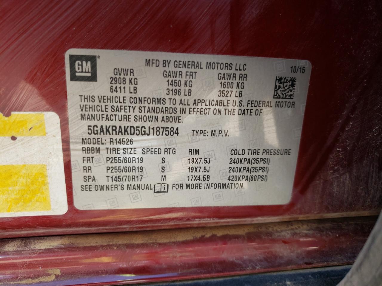 Photo 10 from auction – 2016 BUICK ENCLAVE with VIN 5GAKRAKD5GJ187584