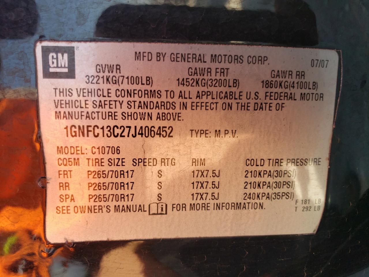Photo 10 from auction – 2007 CHEVROLET TAHOE C150 with VIN 1GNFC13C27J406452