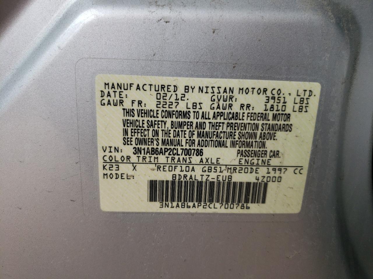 Photo 10 from auction – 2012 NISSAN SENTRA 2.0 with VIN 3N1AB6AP2CL700786