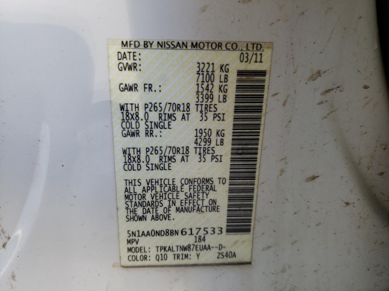 Photo 10 from auction – 2011 NISSAN ARMADA SV with VIN 5N1AA0ND8BN617533
