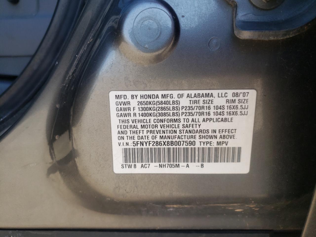 Photo 10 from auction – 2008 HONDA PILOT EXL with VIN 5FNYF286X8B007590