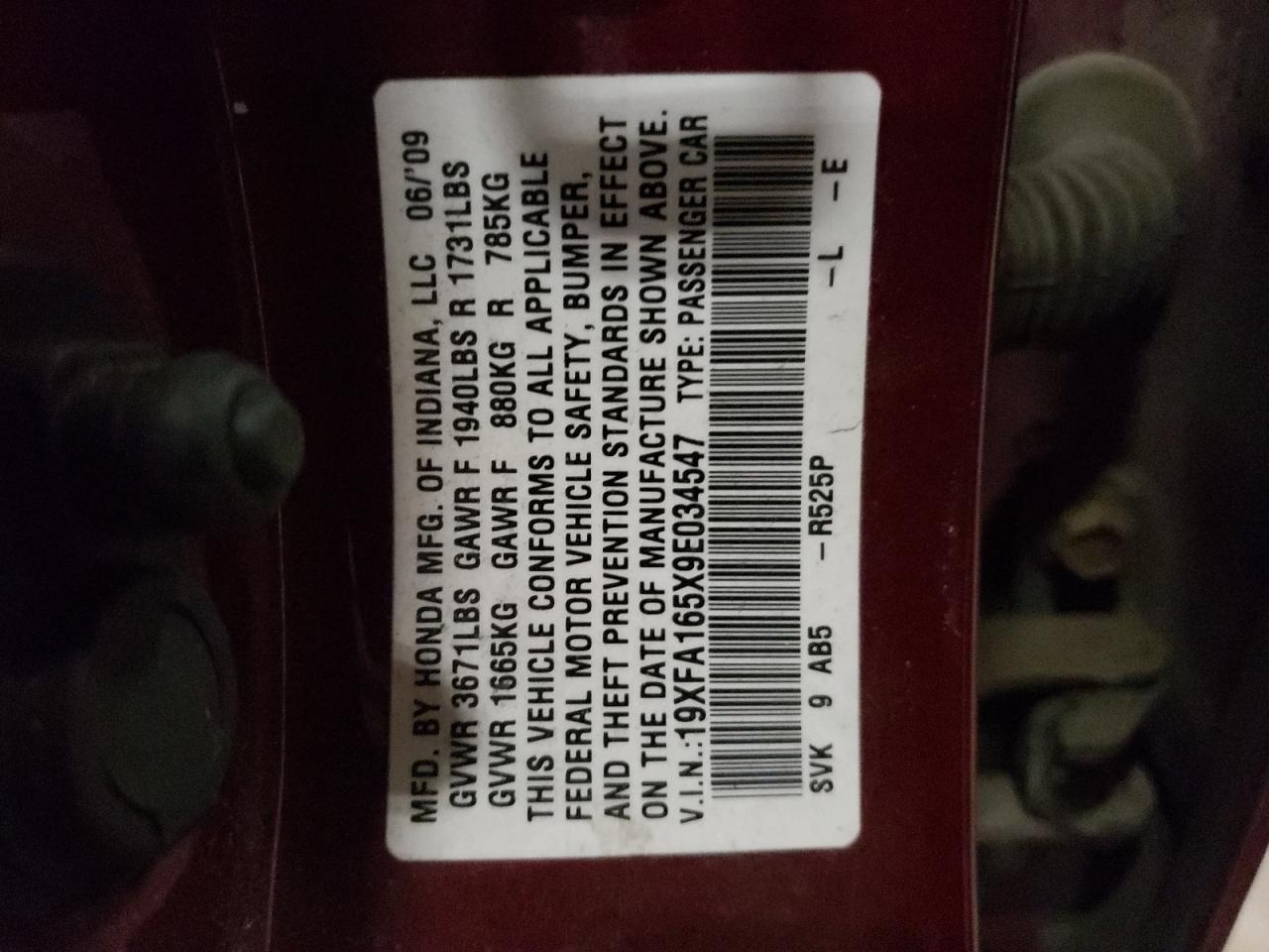 Photo 10 from auction – 2009 HONDA CIVIC LX with VIN 19XFA165X9E034547