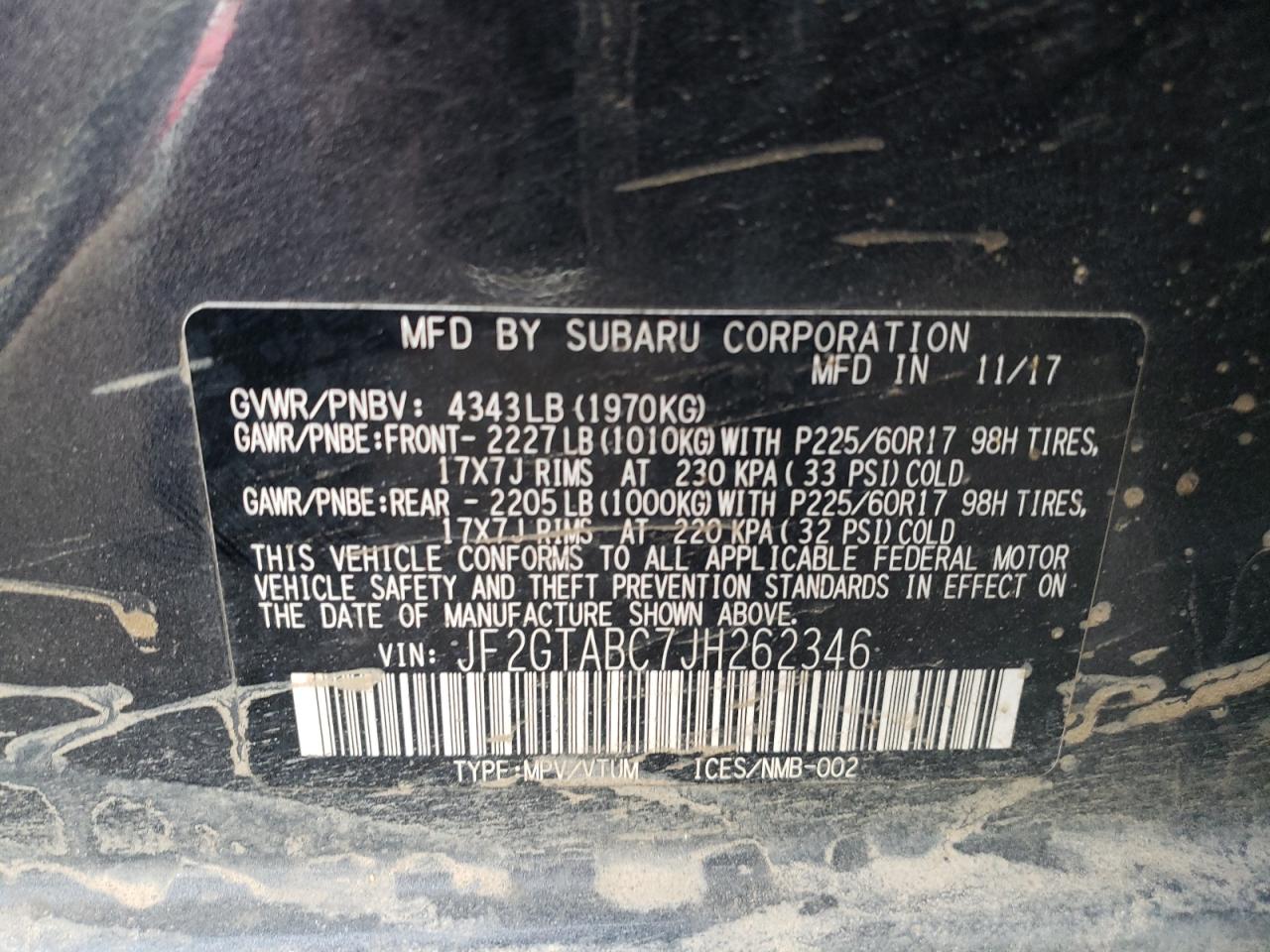 Photo 10 from auction – 2018 SUBARU CROSSTREK with VIN JF2GTABC7JH262346