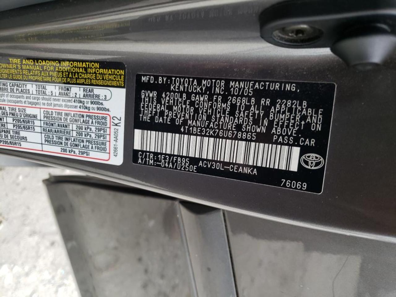 Photo 10 from auction – 2006 TOYOTA CAMRY LE with VIN 4T1BE32K76U678865