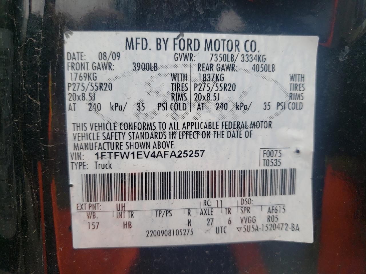 Photo 10 from auction – 2010 FORD F150 SUPER with VIN 1FTFW1EV4AFA25257