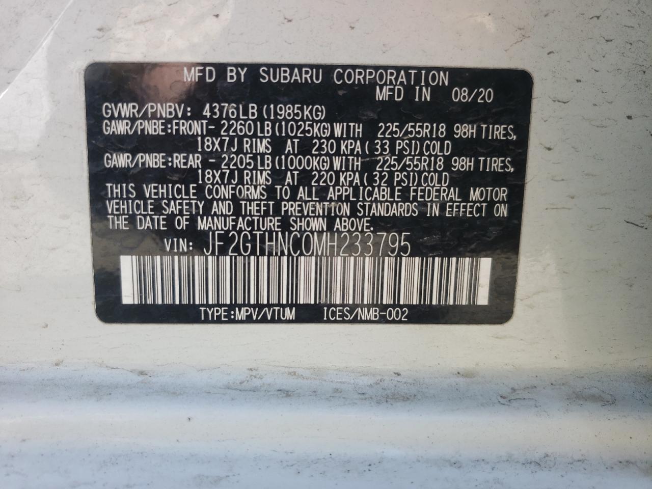 Photo 10 from auction – 2021 SUBARU CROSSTREK with VIN JF2GTHNC0MH233795