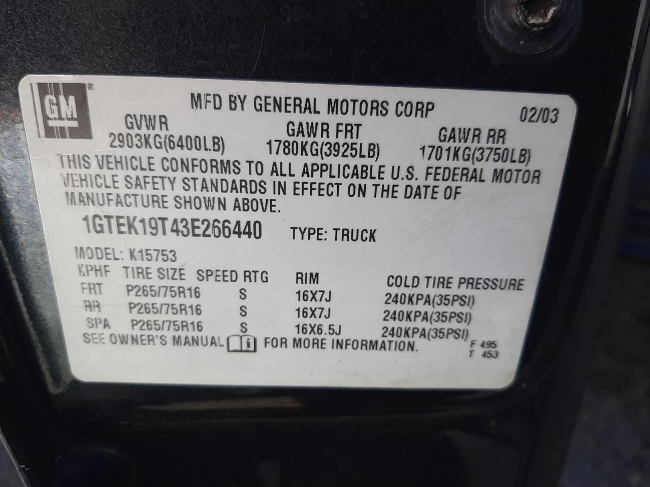 Photo 10 from auction – 2003 GMC NEW SIERRA with VIN 1GTEK19T43E266440