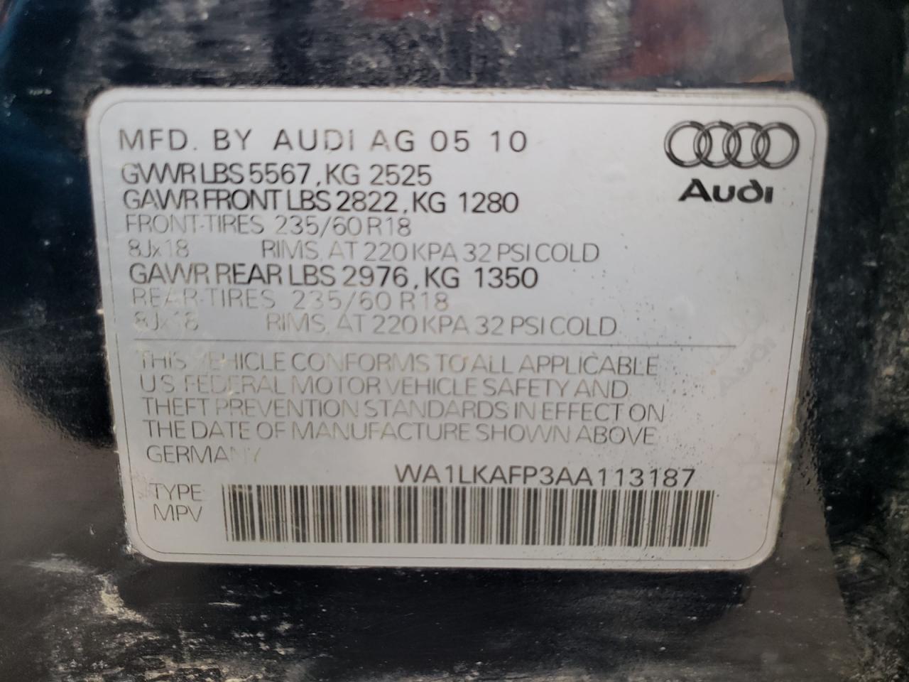 Photo 10 from auction – 2010 AUDI Q5 PREMIUM with VIN WA1LKAFP3AA113187