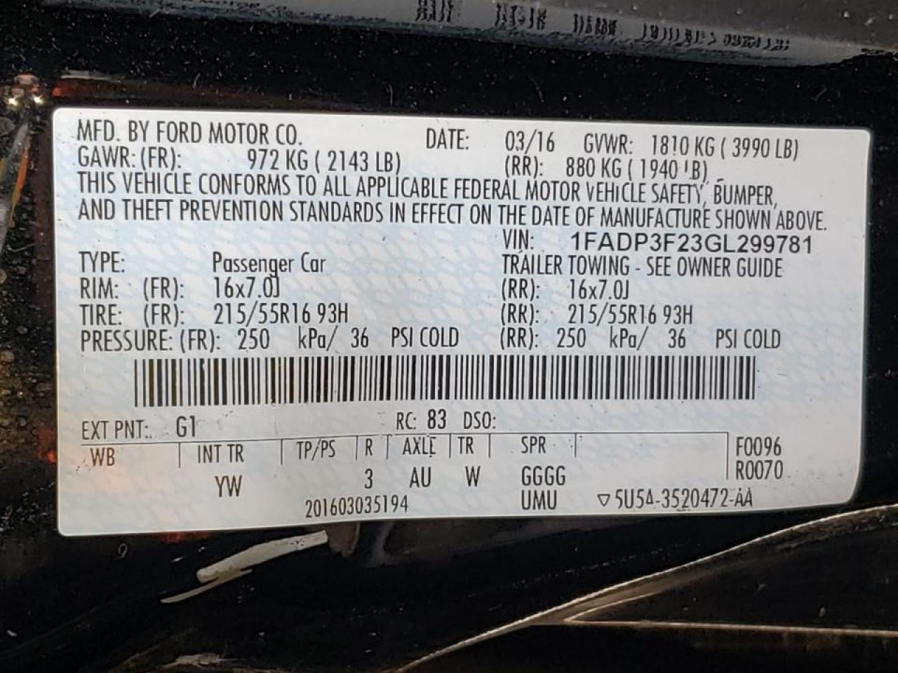 Photo 10 from auction – 2016 FORD FOCUS SE with VIN 1FADP3F23GL299781