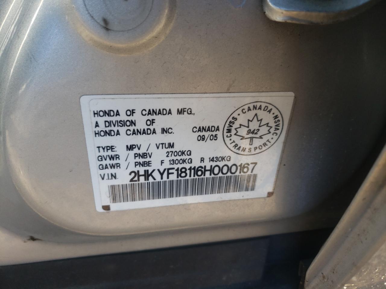 Photo 10 from auction – 2006 HONDA PILOT LX with VIN 2HKYF18116H000167