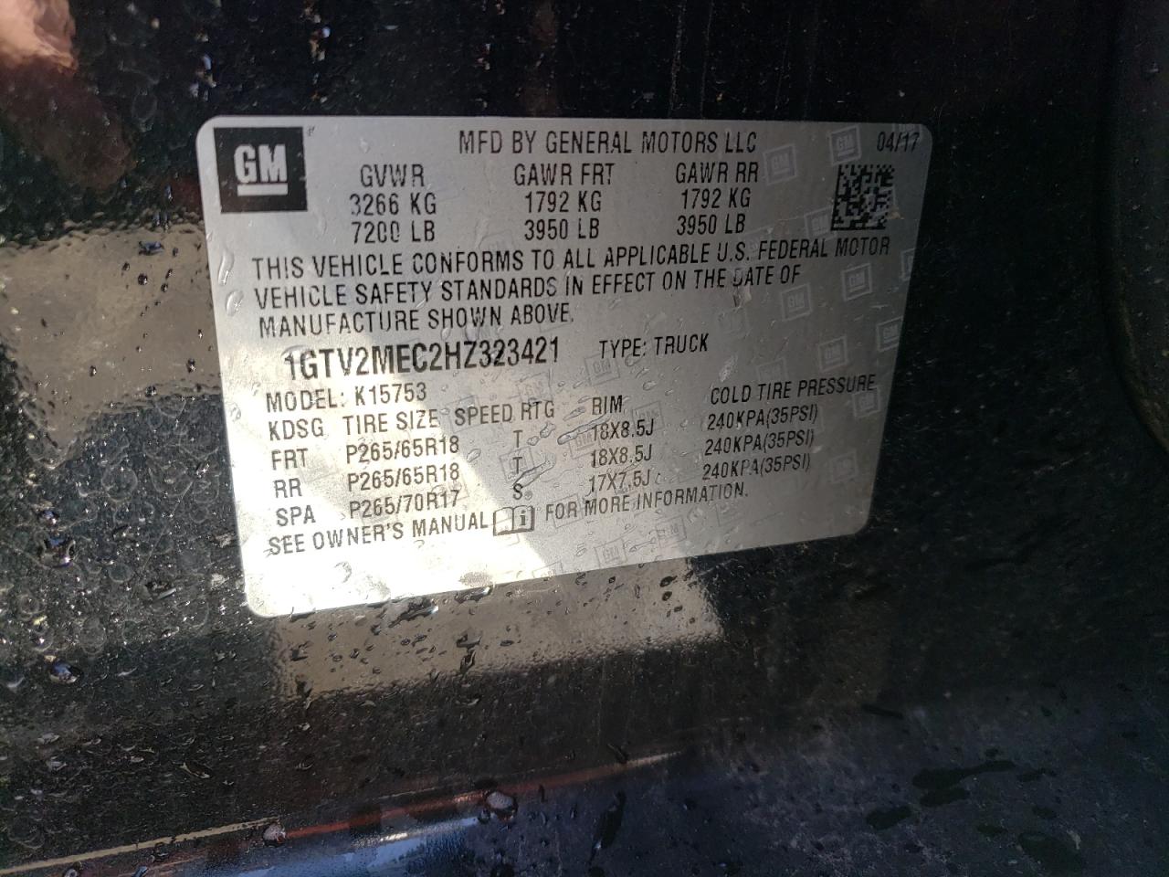 Photo 10 from auction – 2017 GMC SIERRA K15 with VIN 1GTV2MEC2HZ323421
