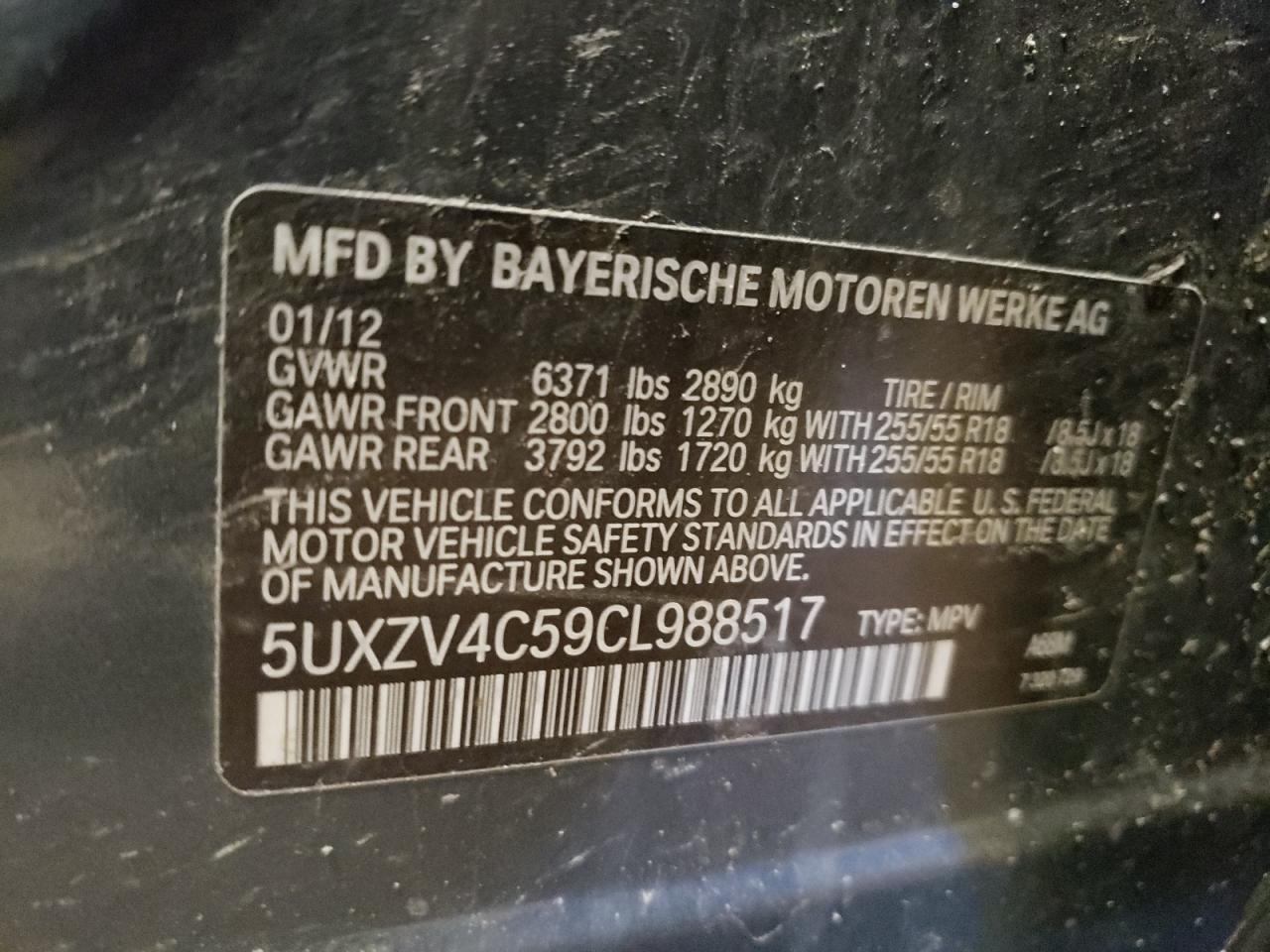 Photo 10 from auction – 2012 BMW X5 XDRIVE3 with VIN 5UXZV4C59CL988517