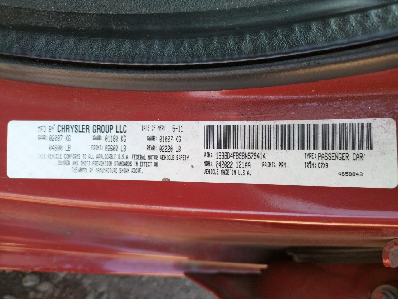 Photo 10 from auction – 2011 DODGE AVENGER EX with VIN 1B3BD4FB9BN579414