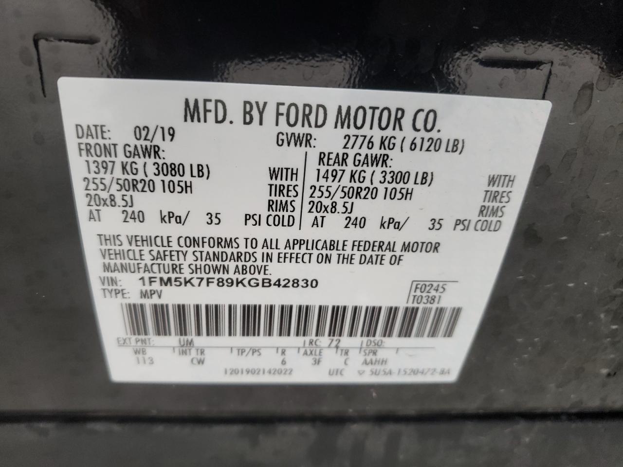 Photo 10 from auction – 2019 FORD EXPLORER L with VIN 1FM5K7F89KGB42830
