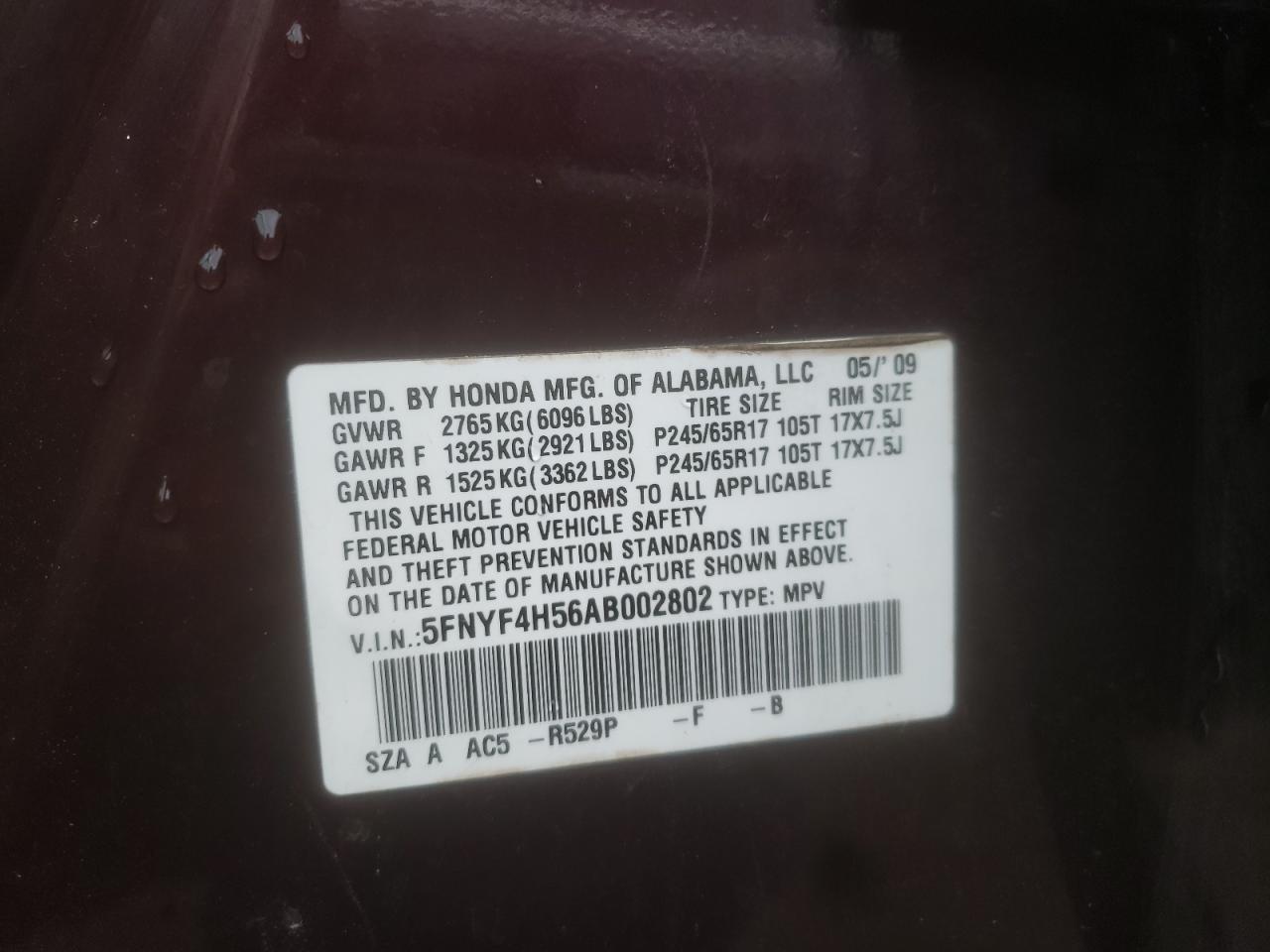 Photo 10 from auction – 2010 HONDA PILOT EXL with VIN 5FNYF4H56AB002802