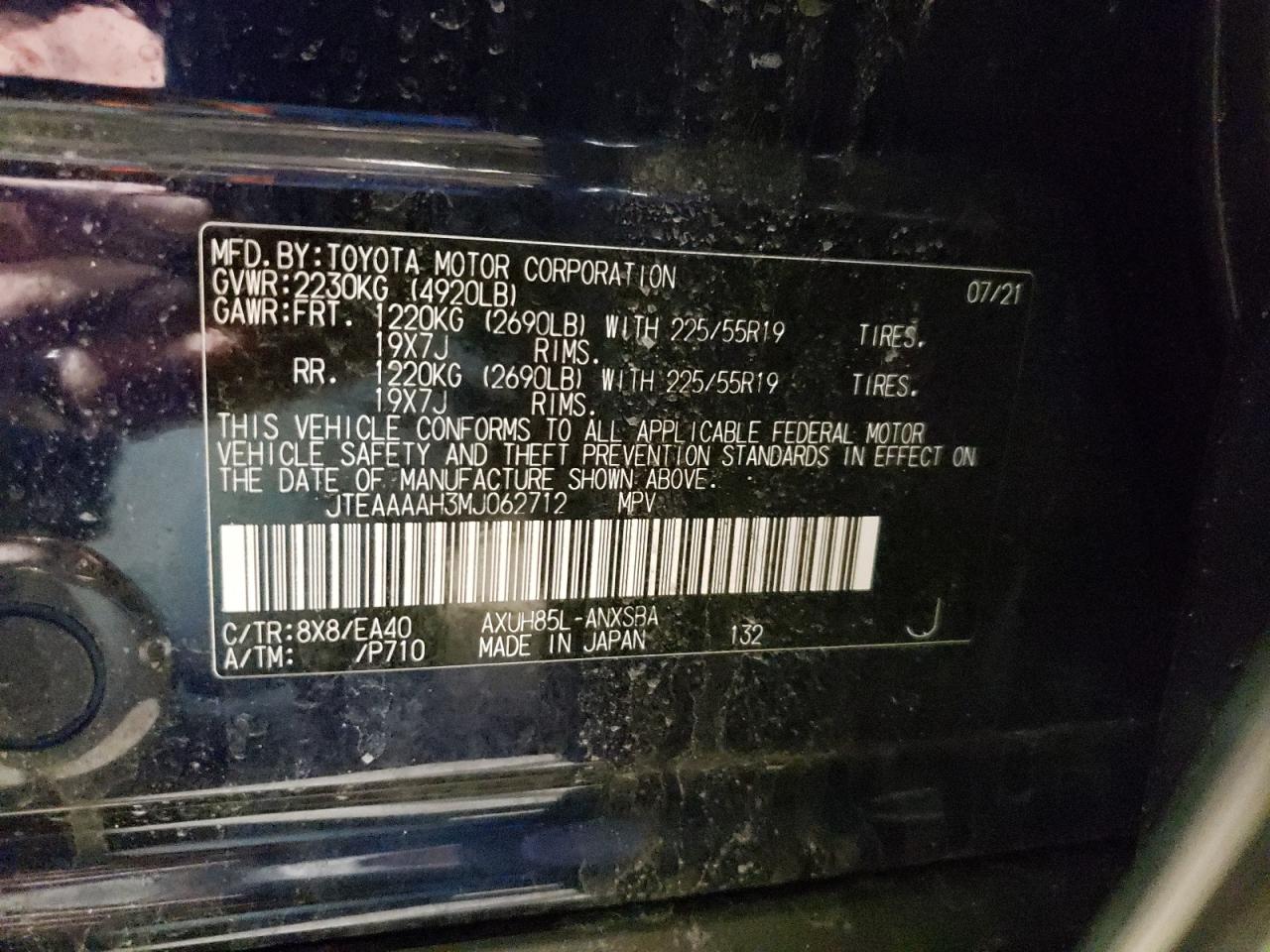 Photo 10 from auction – 2021 TOYOTA VENZA with VIN JTEAAAAH3MJ062712