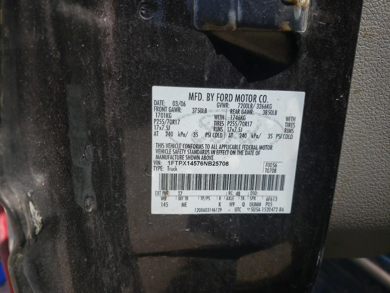 Photo 10 from auction – 2006 FORD F150 with VIN 1FTPX14576NB25708