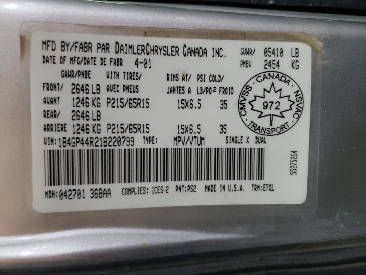 Photo 10 from auction – 2001 DODGE GRAND CARA with VIN 1B4GP44R21B220799