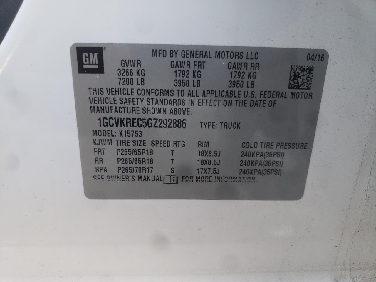 Photo 10 from auction – 2016 CHEVROLET SILVERADO with VIN 1GCVKREC5GZ292886