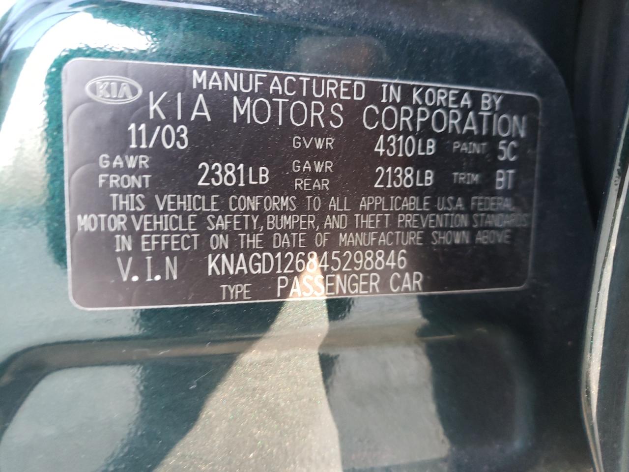 Photo 10 from auction – 2004 KIA OPTIMA LX with VIN KNAGD126845298846