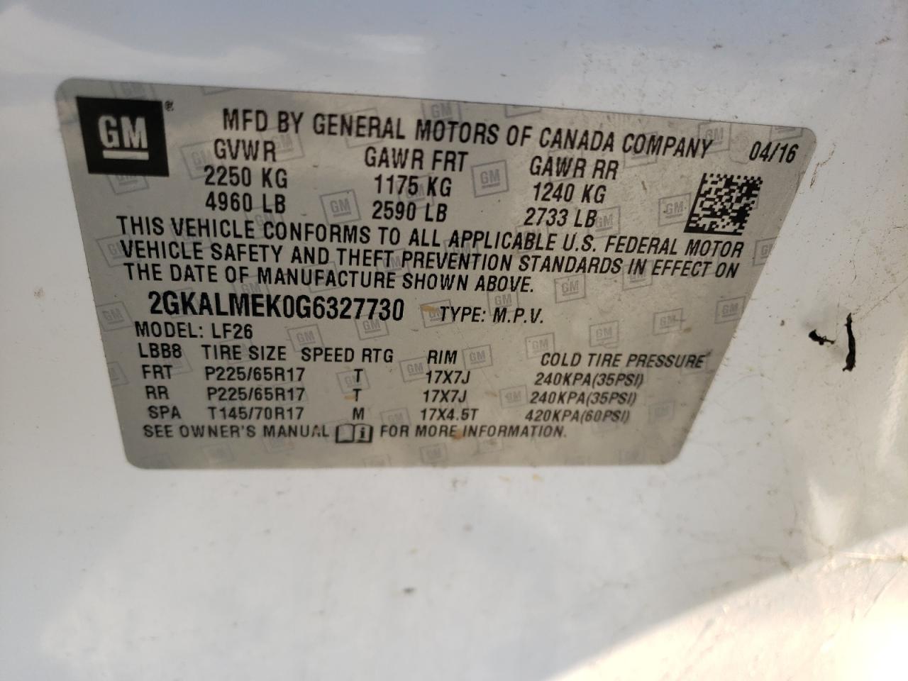 Photo 10 from auction – 2016 GMC TERRAIN SL with VIN 2GKALMEK0G6327730