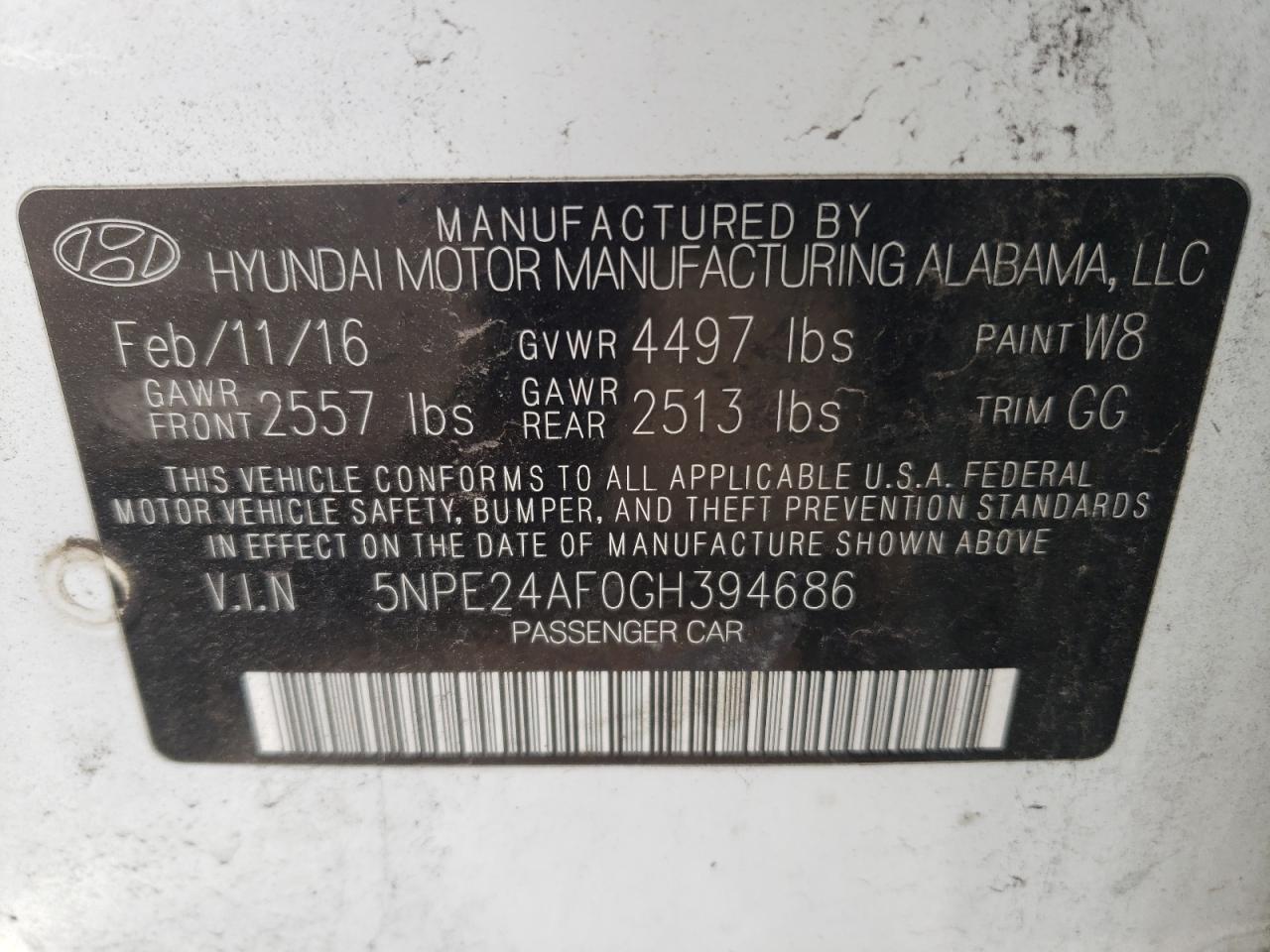 Photo 10 from auction – 2016 HYUNDAI SONATA SE with VIN 5NPE24AF0GH394686