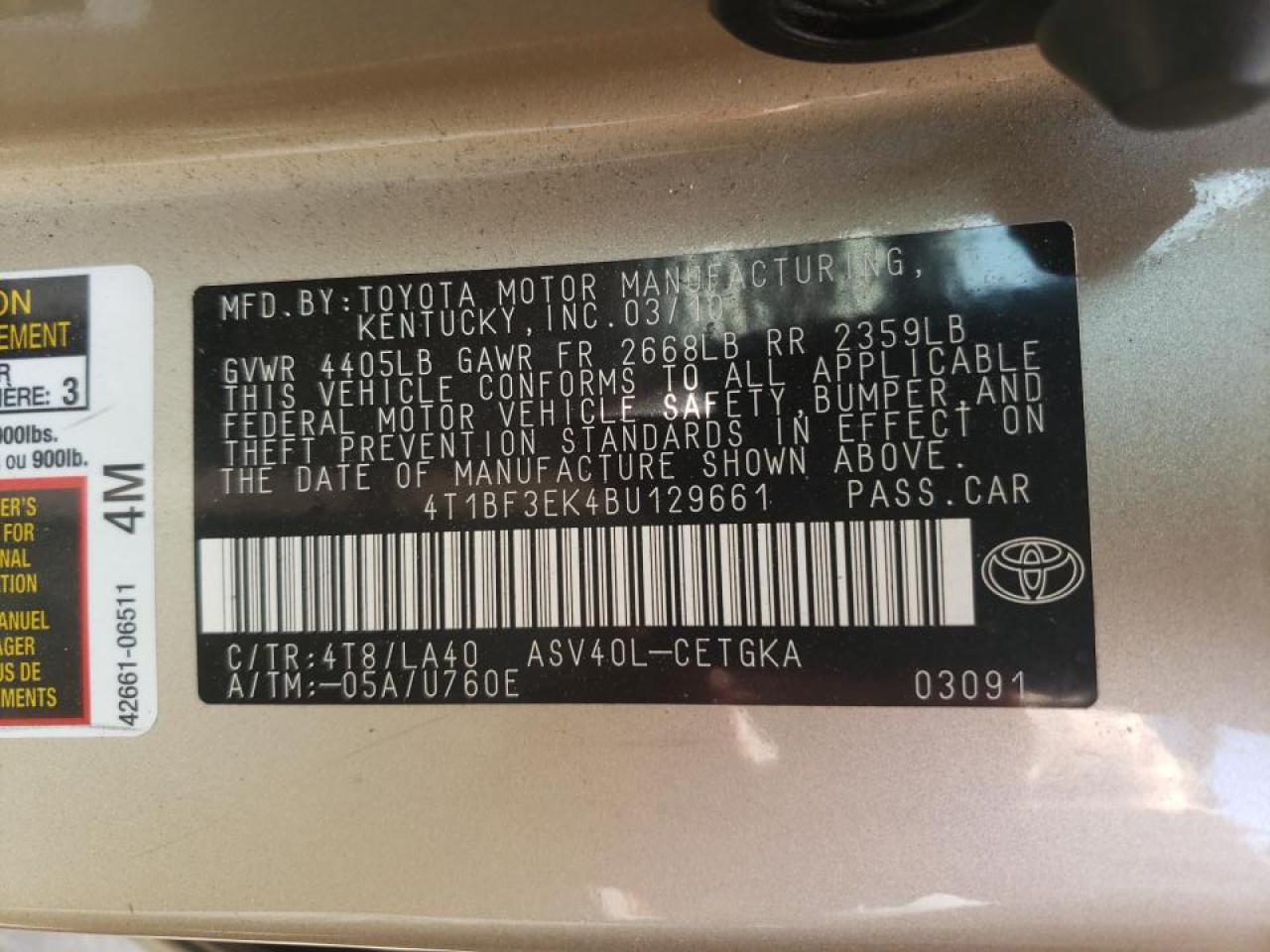 Photo 10 from auction – 2011 TOYOTA CAMRY BASE with VIN 4T1BF3EK4BU129661
