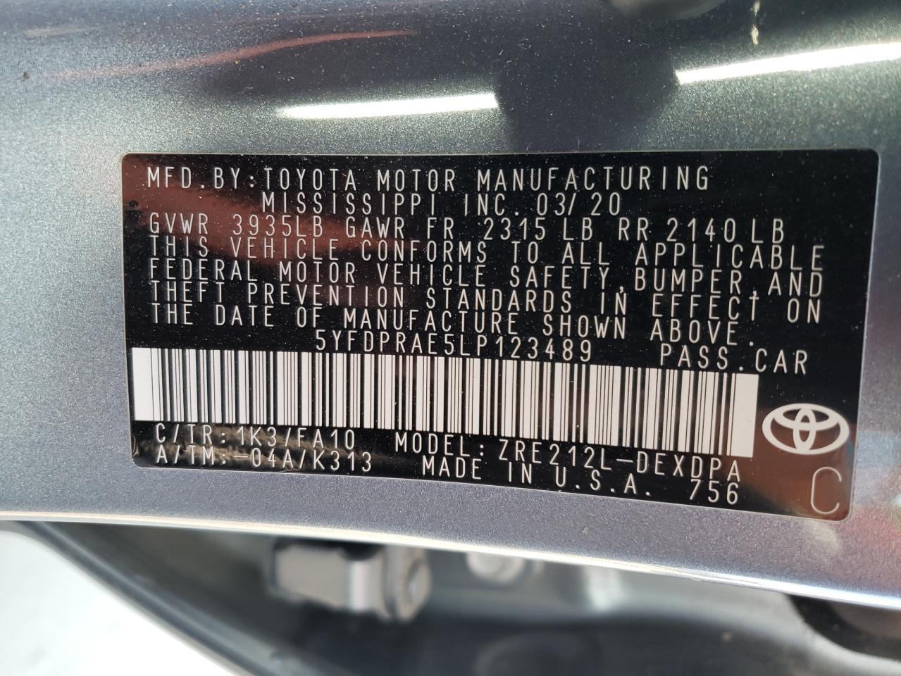 Photo 10 from auction – 2020 TOYOTA COROLLA L with VIN 5YFDPRAE5LP123489
