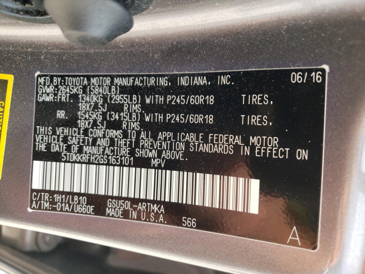 Photo 10 from auction – 2016 TOYOTA HIGHLANDER with VIN 5TDKKRFH2GS163101